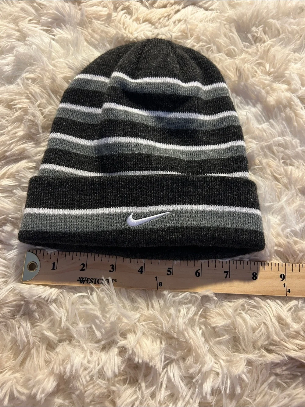 Nike Black, Dark Gray and White Striped Cuffed Beanie